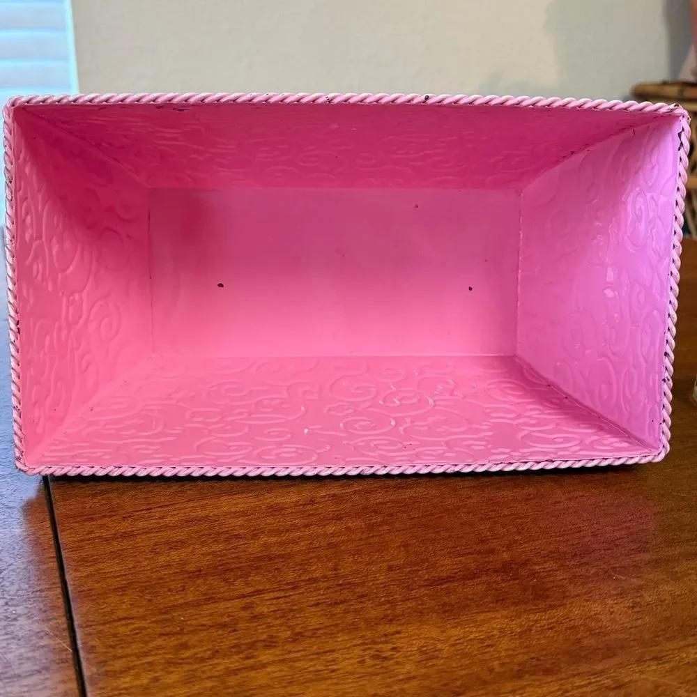 Pink Embossed Decorative Tin Planter Or Decorative Bin